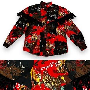 Vintage Rafter JX Western Shirt Cowboys Indians Novelty Print Black Fringe Small